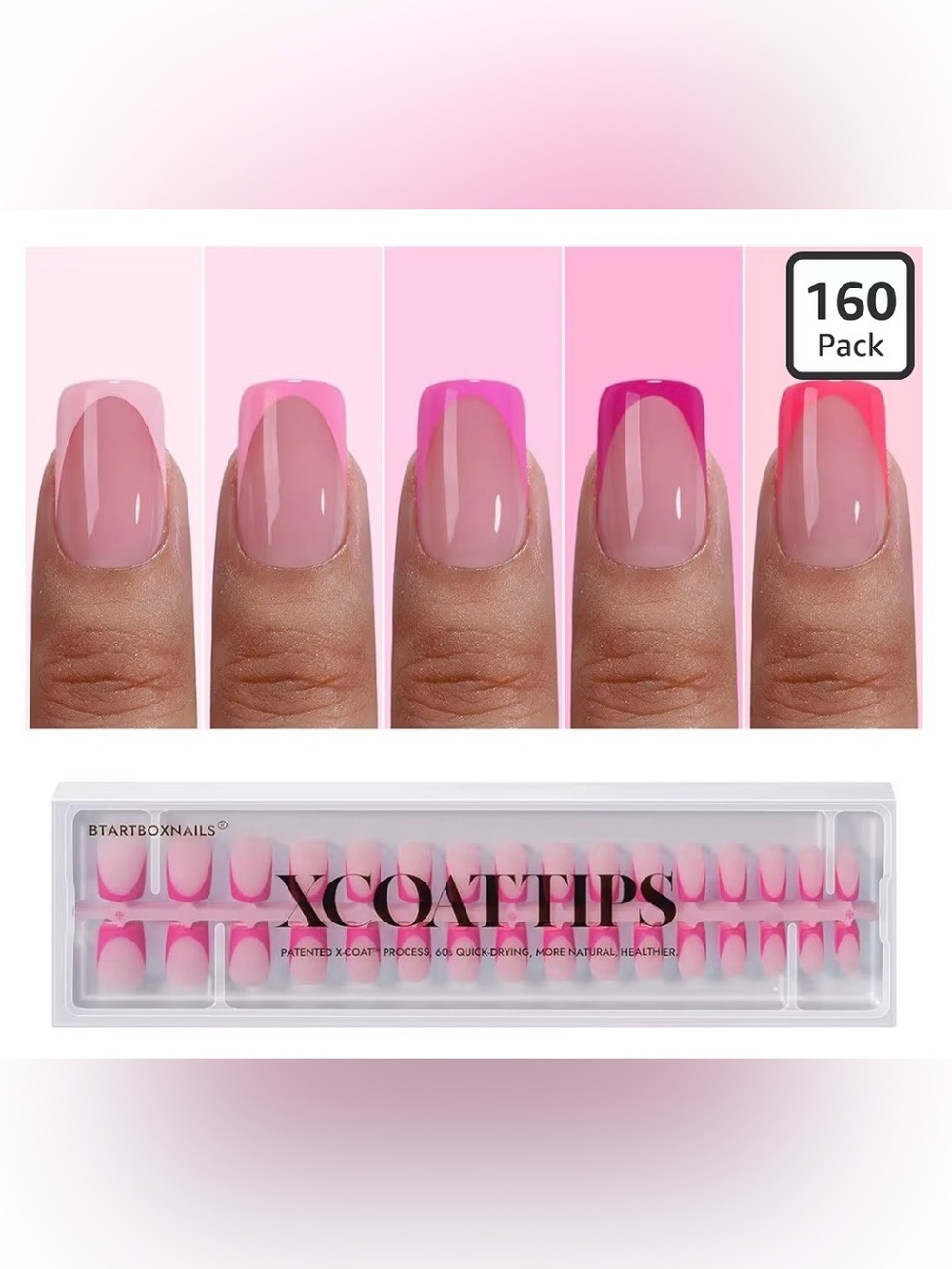 BTARTBOXNAILS XCOATTIPS Pink French tip Press-On Nail Tips – 160 Pack